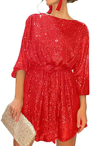 FeMereina Women Long Sleeve Sequins Glitter Dress Party Sparkle Loose Fit Shift Mini Short Dress with Belt (Red, M)