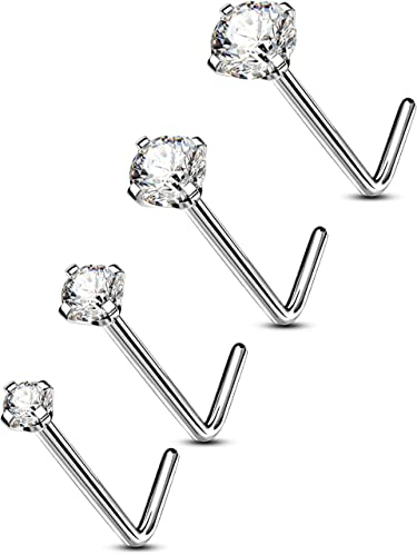 OUFER Body Piercing Solid Titanium Nose Piercing 20G Nose Stud Bone Pin 4pcs Nostril Rings L- Bend Nose Body Piercings Jewellery for Women Men