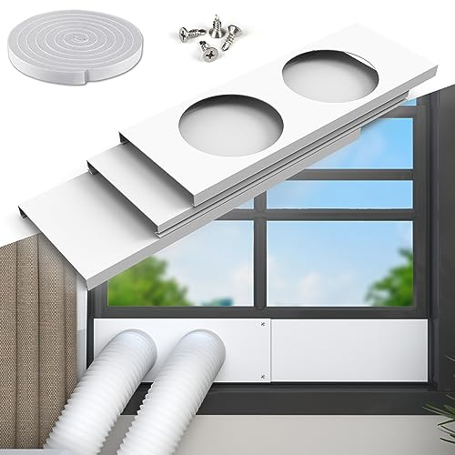 Flamorrow Dual Hose Portable Air Conditioner Window Kit, 5.9 Diameter Adjustable Window Seal Plates with Foam Seal Strip, Sliding AC Window Vent Kit for Exhaust Hose, White