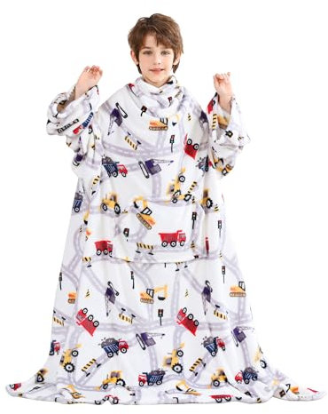 Viviland Wearable Fleece Blanket with Sleeves & Foot Pocket for Kids Lightweight Soft Blanket for Boys and Girls, 47 x 47 Inches
