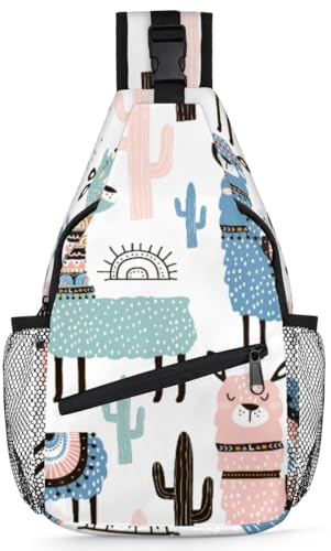Yzrwebo Alpaka Camel Sling Bag für Damen Herren Kaktus Muster Crossbody Sling Rucksack Casual Umhängetasche Wasserabweisend Brusttasche Daypack für Reisen Wandern Outdoor, mehrfarbig, Einheitsgröße,