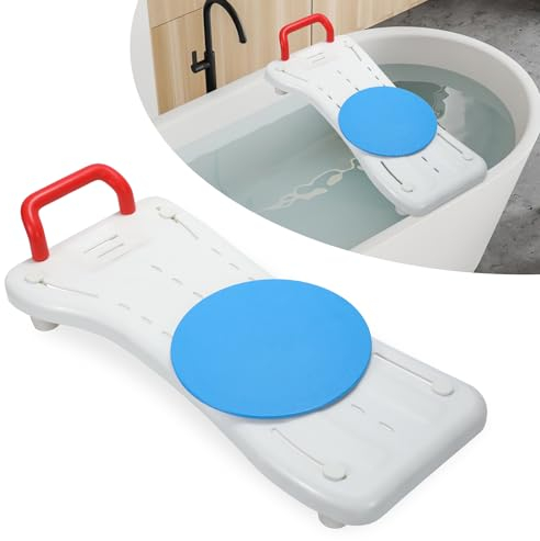 Randaco Siège de baignoire avec plateau rotatif, planche de bain pour personnes âgées, planche de 70 cm, avec porte-savon et poignée, largeur réglable de 41 à 62 cm, capacité de 150 kg, pour