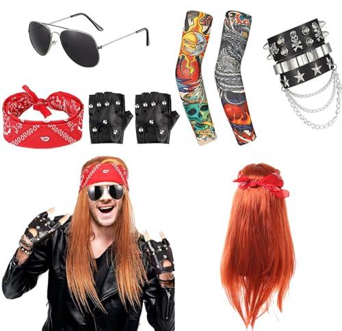 Rock Star Herren Kostüm Zubehör: 7 Stück 70er 80er 90er Jahre Disco Perücke Punker Kostüm Zubehör Lang Lockig Hut Sonnenbrille Rocker Lederarmband Tattoo Ärmel Verkleidung Kit (Rot1)