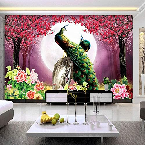 3D Wandbild Selbstklebende Fototapete Tier Pfau Mondblume Wandfotokunstwandposter Dekorative Wandaufkleber Zum Abziehen Und Aufkleben, Abnehmbarer Wandhintergrund Für Wohnzimmer, Schlafzimmer, Kinder