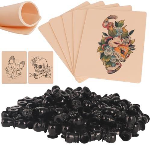 TONBAO 3 unidades de piel de tatuaje de 3 mm de doble cara de 19 x 14 cm con 200 tapas de tinta negra para tatuajes, accesorios para tatuajes, principiantes y artistas experimentados