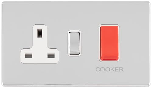45A DP Oven Cooker Switch & Single 13A Switched Socket SCREWLESS POLISHED CHROME - Decorative Double Pole Appliance Wall Plate