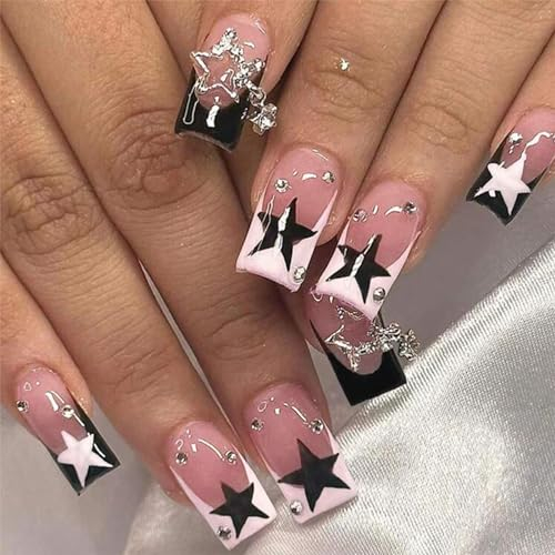 NATOSU Y2K Lot de 24 faux ongles à presser en acrylique avec strass en forme d'étoile Taille M Pour femmes et filles