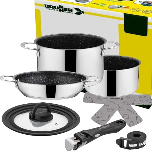 BRUNNER: Camping Topf-Set Edelstahl (Kochtöpfe, Bratpfanne & Griff) ø 22 cm - ACADEMY NG 5+1 Teilig - Elektro-Herd, Gaskocher, Induktion & Keramikkochfeld - Für 2-4 Personen