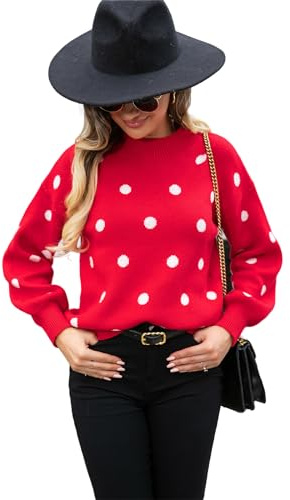 HEYPORK Damen Herbst Winter Warm Bequem Pullover Casual Mode Strickjacke Strickpullover Frauen Pullover Strickwaren Polka Dot Pullover(Rot, L)