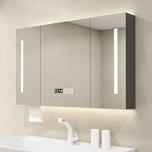 JSLJDM Armoire Salle de Bain Rangement, Armoire Salle de Bain avec Miroir et Éclairage LED,Armoire de Toilette Miroir Salle de Bain,Anti-buée Intelligent,La luminosité Peut être ajustée,Gris