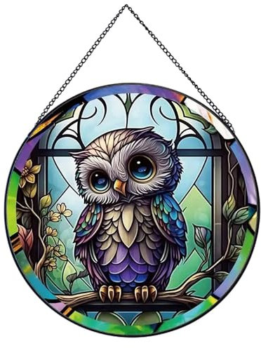 Payutou Sonnenfänger mit Baby-Eule, Buntglas, zum Aufhängen, Buntglas für Fenster für Tierliebhaber, 20 cm, handbemalt, Sonnenfänger, Gartenbehang, Ornamente, Halloween, Herbst, Weihnachtsdekoration