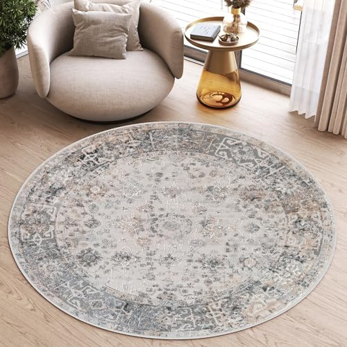 TAPISO Valley Rund Teppich Kurzflor Vintage Hellgrau Blumen 160 x 160 cm | Orientalisch Used Effekt Meliert Verwischt Wohnzimmer Schlafzimmer OEKO-TEX