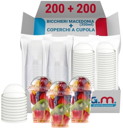 G.M. DISTRIBUZIONE 200 Bicchieri Macedonia Frutta in PP da 350ml + 200 Coperchi A Cupola in PS, Bicchieri e Coperchi Trasparenti, Bicchiere Riutilizzabile Alta Qualità per Bar e Gelaterie.