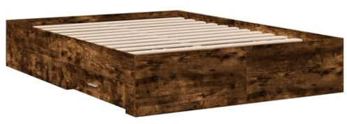 vidaXL Small Double Bed Frame with Drawers - Smoked Oak, Engineered Wood, Plywood Slats, Storage Solution, Bedroom Furniture, Contemporary Style, Fits 120x190 cm Mattress