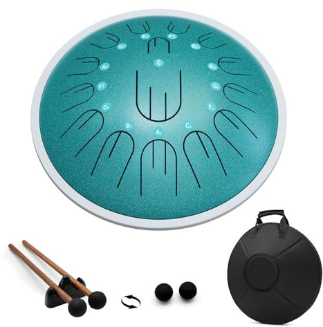 Steel Tongue Drum, 14 Zoll 15 Noten Hanpan, G-Dur Trommeln mit 2 vollen Oktaven, Hand Pan Schlägel und Tragetasche, Malachitgrün