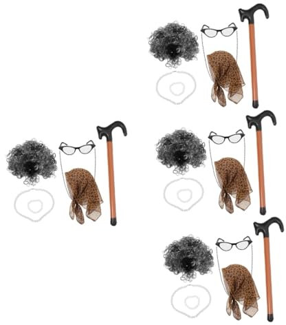 VALICLUD 4sätze Old Lady Wig Set Für Cosplay Und Bühnenauftritte Teiliges Set Mit Grauen Brille Und Halskette Für Halloween Und Kostümfeste