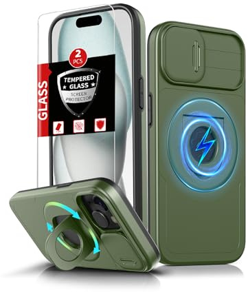 FRLMOOES for iPhone 15 Case Magnetic Compatible with MagSafe Wireless Charging,with 2 Screen Protectors,Built-in 360°Stand Ring+Camera Cover Anti-Scratch Shockproof Heavy duty protection Green