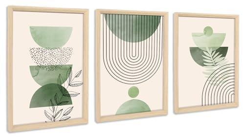 3Pcs Cadre en bois Impression sur Toile Boho Vert Sauge Tableau Peinture Minimaliste Géométrique Beige Vert Tableau Decoration Murale Salon Chambre Maison 90x40cm(12x16x3pcs) (Pas de plexiglas)