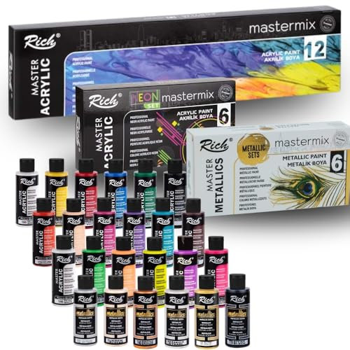 Rich Mastermix Acrylfarben Komplettset 24 Farben x 60 ml, 12 Standardfarben, 6 Neonfarben & 6 Metallicfarben jeweils 60 ml – Hochpigmentierte Künstlerfarben für vielseitige Kreativprojekte