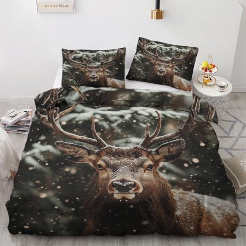 Generisch Hirsch Deko - Winter Bettwäsche 135x200 Hirsch, Wilde Tiere Bettbezug 135 x 200 2er Set mit 1 Kissenbezug 80x80, Weiche Mikrofaser Winterbettwäsche mit Reißverschluss L*&176