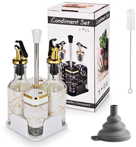Miorkly 2er Gewürzgläser Eckig mit Weiß Drehdeckel + 2er Glas Olivenöl Ölflasche mit Sockel - Salz und Pfefferstreuer Essig Öl Set - Gewürzstreuer Set - Gewürzdosen - Glas Gewürz Organizer