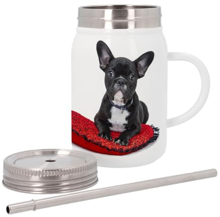 Insulated Stainless Steel Mug with Lid and Straw – Black and White French Bulldog Small Dog on Red and Black Cushion Cute Animals – 500 ml – Thermo Mug