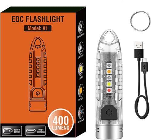 MVIOCS V1 Mini llavero linterna LED, 400 lm, potente 12 modos con luz lateral UV, rojo, azul, amarillo, luz de bolsillo recargable de emergencia EDC para uso diario, al aire libre