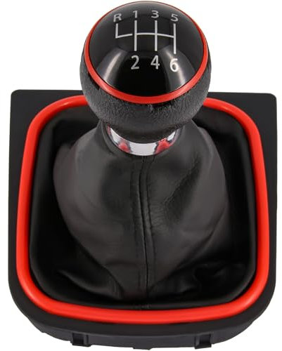 Schaltknauf + Schaltsack Set 6 Gang passend für VW Golf 5 + 6, 2003-2016, Plug & Play, Auto Schalthebel Schaltmanschette, mit Rahmen, schwarz - rot