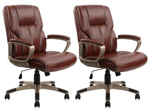 CLATINA High Back Executive Office Chair, Ergonomic PU Leather Computer Desk Chairs with Soft Padded Armrests, Adjustable Tilt Swivel Rolling Managerial Chair with Champagne Gold Legs, Brown, 2 Pack