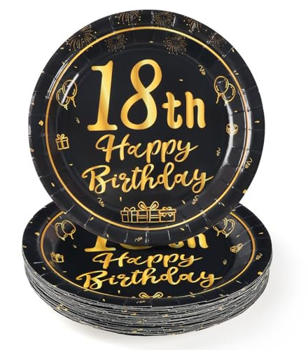 16 Stück 18th Schwarz und Gold Geburtstag Party Geschirr Pappteller Set für Geburtstag Party Tischdekoration 16 Gäste