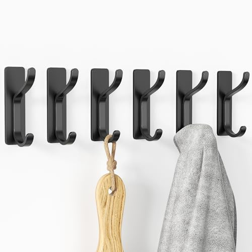 pickpiff Self Adhesive Hooks for Coat,8KG Stick-On Wall Hooks, Black 6 Pack | Back of Door Hooks, Bathroom Towel Hooks, Strong Sticky Hooks Heavy Duty, Adhesive Door Hangers for Clothes, Bags, Purses