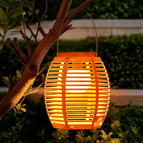 Solarlampen für Außen Hängend Bambus, Wasserdicht Solarlaterne für Draußen, Vintage Deko Solar Gartenleuchten, Wetterfest Rattan Hängelampe Outdoor für Balkon, Terrasse, Garten Deko (Solar)