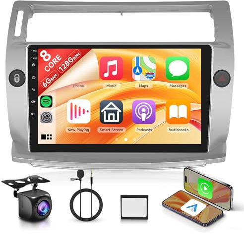 8 Kerne 6+128G Android Autoradio für Citroën C4 2004-2009/C-QUATRE 2008-2011 Wireless Carplay 9 Zoll mit Android Auto Mirror Link Bluetooth FM/RDS/EQ/DSP WiFi GPS Navi Lenkradsteuerung Rückfahrkamera