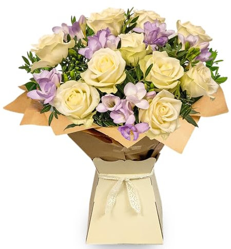 Fresh Flowers Bouquet - Hand-Tied White & Lilac Arrangement Flower Box with Roses, Freesia & Foliage | Birthday Flowers for Women, Mother's Day, Get Well, Thank You | UK Delivery | All Occasions