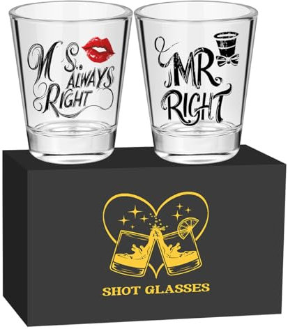 60 ml Paare Glas-Schnapsgläser, Mr Right and Ms. Always Right Schnapsglas Set, 2er-Set mit Geschenkbox, für Tequila, Wodka, Espresso & Desserts, Hochzeit Party, Jahrstag für Jungvermählten und Paare