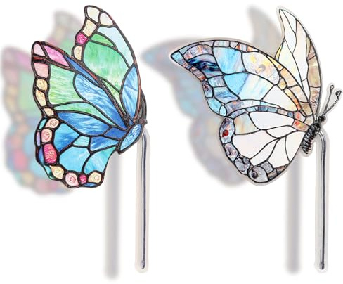 Fampery 2 Stück Glas-Schmetterling Monarch Sonnenfänger für Topfpflanzendekoration, Acryl-Schmetterling, Gartenstecker, Dekoration, Schmetterlinge für drinnen und draußen, Terrasse, Blumentopf, Hof