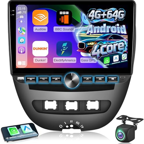 4G+64G Autoradio für Toyota Aygo/Peugeot 107/Citroën C1 2004–2014, 10-Zoll-Android-Touchscreen, 32-Kanal-Equalizer, CarPlay, Android Auto, Fernbedienung, Bluetooth 5.0 und WLAN