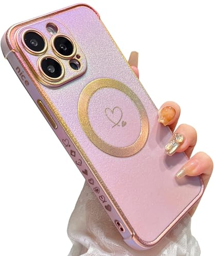 ZTOFERA Magnetic Heart Case for iPhone 15 Pro Max, Iridescent Purple | 6.7-Inch, [Compatible with MagSafe], Cute Love Heart Pattern, Flexible Soft Silicone, Protective Shockproof Bumper Cover