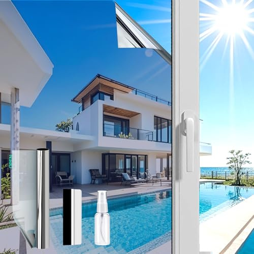 Fensfolie(80X200cm Silver) Window Film Privacy One Way，Sun Blocker Anti Glare UV Window Film Self Adhesive for Home and Office, Mirror Window Tint Film Heat Control Sun Blocker