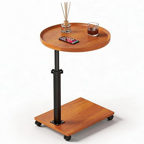 Garvee Beistelltisch mit Rollen, Couchtisch Rund C-Form Beistelltisch Höhenverstellbar 45-80cm, Kleiner Tisch mit 360° Drehbar – Sofa oder Bett-Seitentisch für Wohnzimmer, Schlafzimmer, Holzfarbe