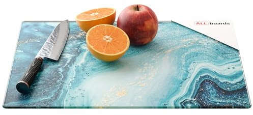 ALLboards Glass Chopping Board 30 × 40 cm - Blue & Gold Kitchen Board, Protective Panel, Glass Serving Tray Splashback Worktop Saver for Kitchen Hob Protection Hot Cover Heat Resistant