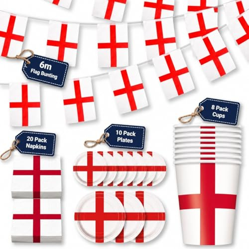 ADEPTNA 39 Pcs England Football world Cup 2026 Party Decorations Set – 6m Flag Bunting with Paper Cups, Plates & Napkins – England Football Party for Euro, World Cup, BBQ, Garden & Street Parties