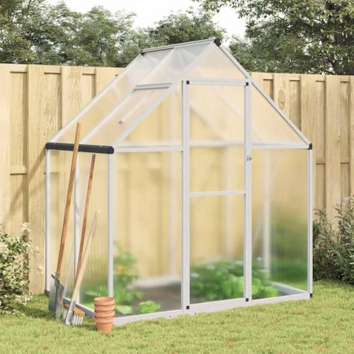 Gewächshaus Aluminium silbern 169x114x195 cm mit Fundamentrahmen, Polycarbonat-Gewächshaus mit UV-beständigen Platten, wetterbeständiger Alurahmen, 5-Fach verstellbares