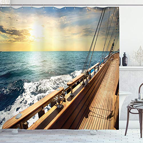ABAKUHAUS Nautisch Duschvorhang, Segelboot-Sonnenuntergang Meer, Stoffliches Gewebe Badezimmerdekorationsset mit Haken, 175 x 200 cm, Creme und Blau