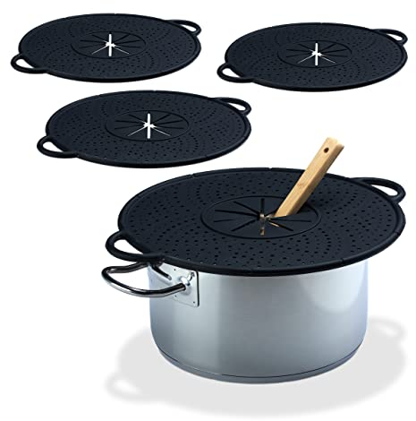 Relaxdays Set of 10 Silicone Pot Watchers, Spill and Boil Over Cover, Heatproof, 30 cm Ø, Black