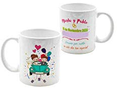 Lote de 6 Tazas de Porcelana para Bodas Personalizables (Coche Novios). Recuerdos. Regalos Originales. Detalles de Bodas, Comuniones, Bautizos, Cumpleaños. CC