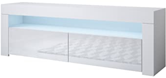 MB Muebles Bonitos, Mueble TV Aker con Luz LED para Salón Comedor, 2 Puertas Abatibles, Mueble de Televisión en Melamina Brillo, Color Blanco, 140x50.5x35 cm