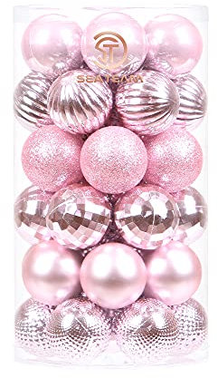 Sea Team 41-Pack Christmas Ball Ornaments with Strings, 40mm/1.57 Small Size Baubles, Shatterproof Plastic Christmas Bulbs, Hanging Decorations for Xmas Tree, Holiday, Wedding, Party, Pink