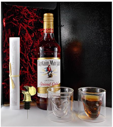 Captain Morgan Rum 0,7L & 2 Totenkopf Gläser & Totenkopf Ausgießer Geschenk | Piratenset in edler Geschenkbox mit Totenkopf Ausgießer & Totenkopfgläser - Geschenkset absoluter Eyecatcher Männergeschenke