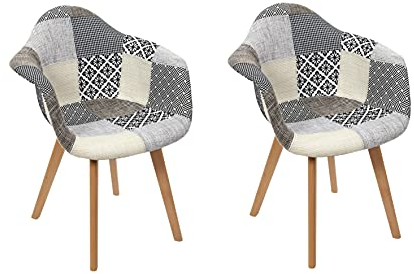 HOME DECO FACTORY Set mit 2 Sesseln Patchwork Scandivave, Buche/Polyester/Polypropylen, 59cm x 63.8cm x 85cm, Weiß/Grau/Mehrfarbig